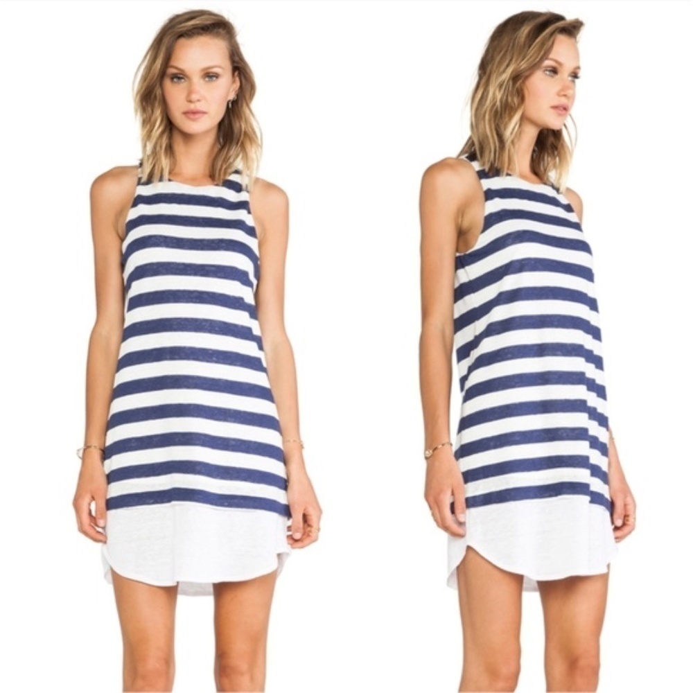 A.L.C. Blue White Striped 100% Linen Nautical Sleeveless Shift Dress Size Medium